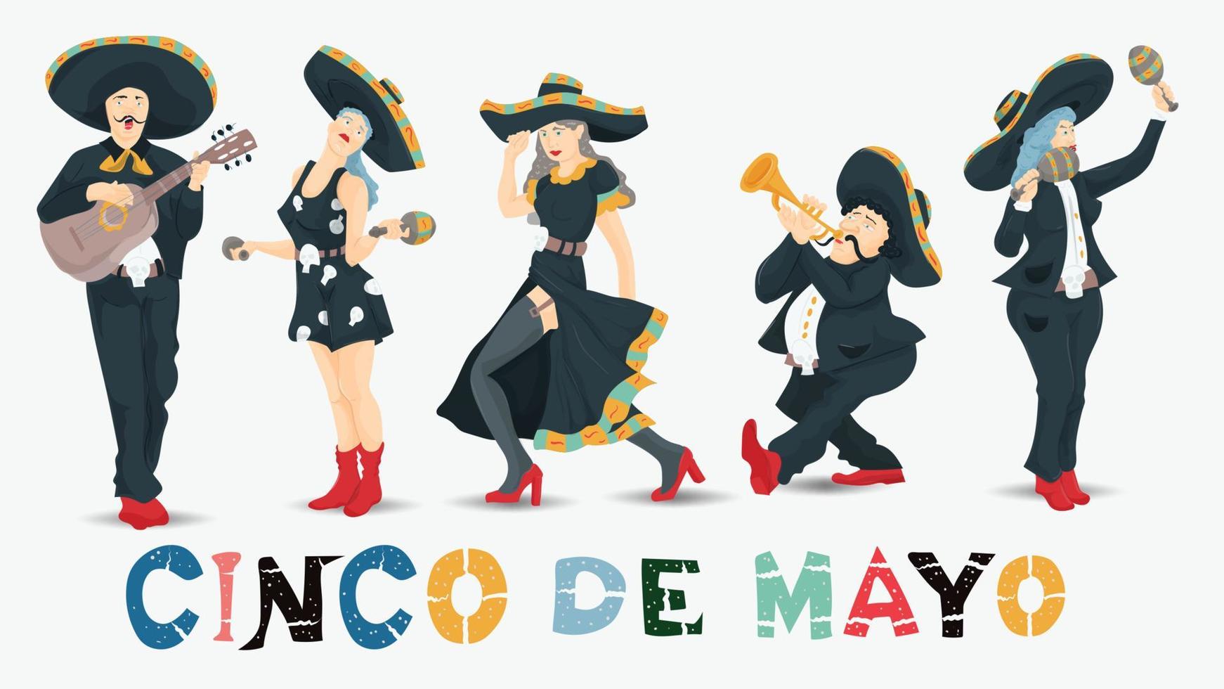 ilustración de diseño plano vectorial sobre el tema de la festividad mexicana cinco de mayo hombres y mujeres en trajes nacionales con fondo de instrumentos musicales está aislado vector