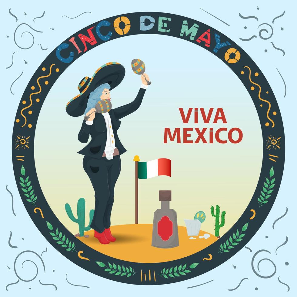 Vector flat illustration cartoon for design on the theme of the Mexican holiday Cinco de Mayo in a circular ornament A girl in a suit and a sombrero hat holding maracas in her hands
