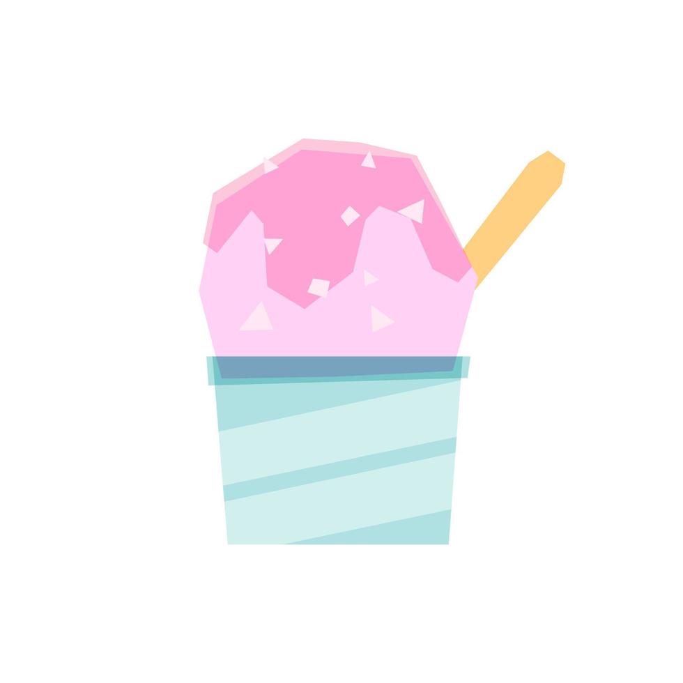 Isolated image of ice cream in a blue paper cup. Pink ice cream sprinkled with sweet topping. Logo, design for postcards, social media. vector