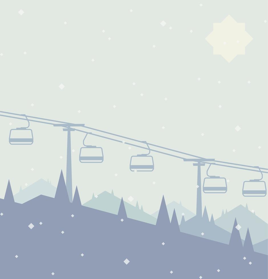 Winter mountain resort, ski lift flat vector illustration. Pine trees with mountains, slopes and snow falling on the background, ski, snowboarding design.