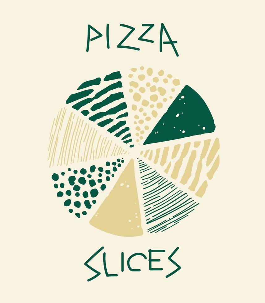 auténtico cartel de pizza dibujado a mano. arte estilizado con diferentes rebanadas y coberturas sombreadas, en color dorado y verde. Diseño de restaurante pizzería. vector