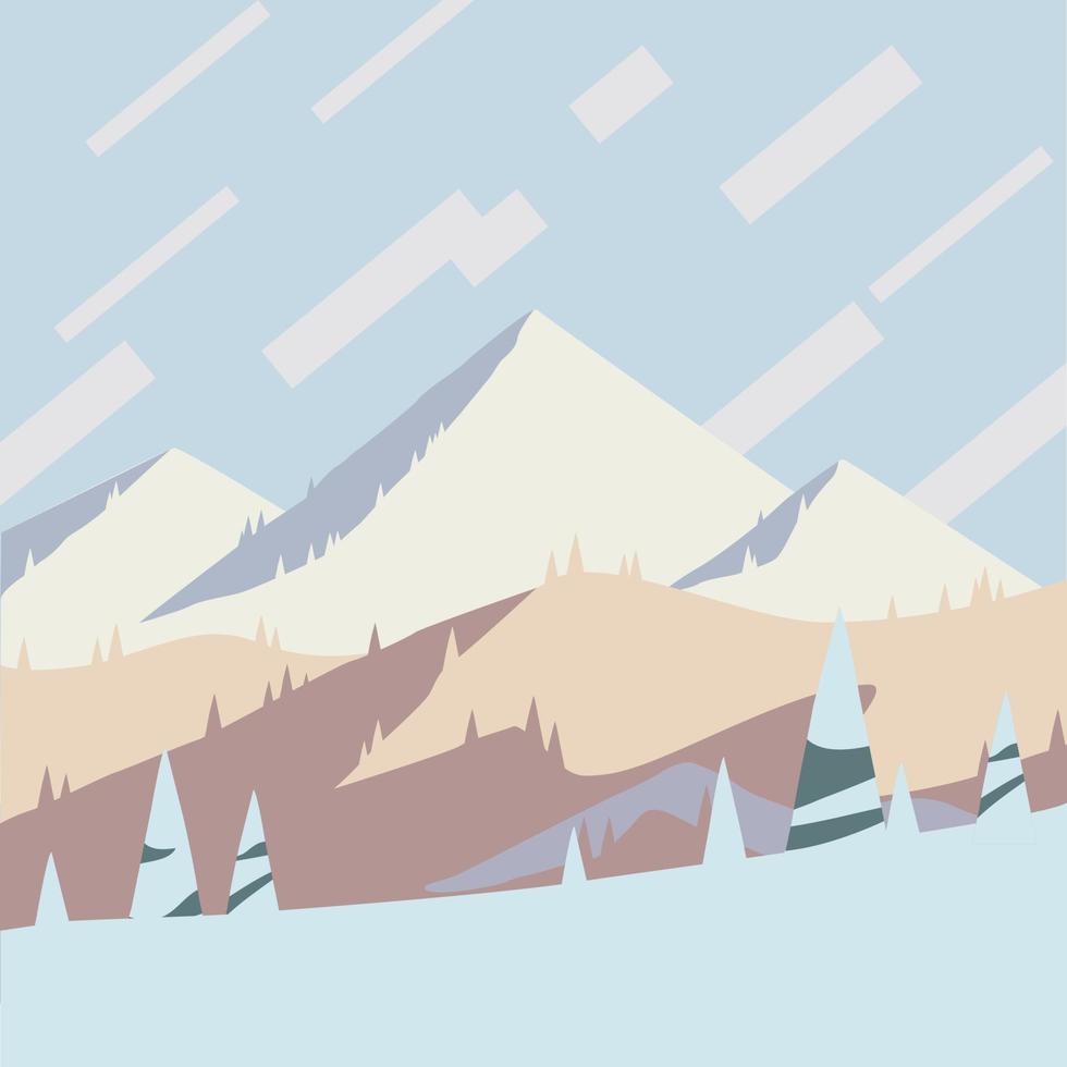 Sunset over the winter mountains poster, landscape vector illustration. Holiday at ski resort, flat design artwork.