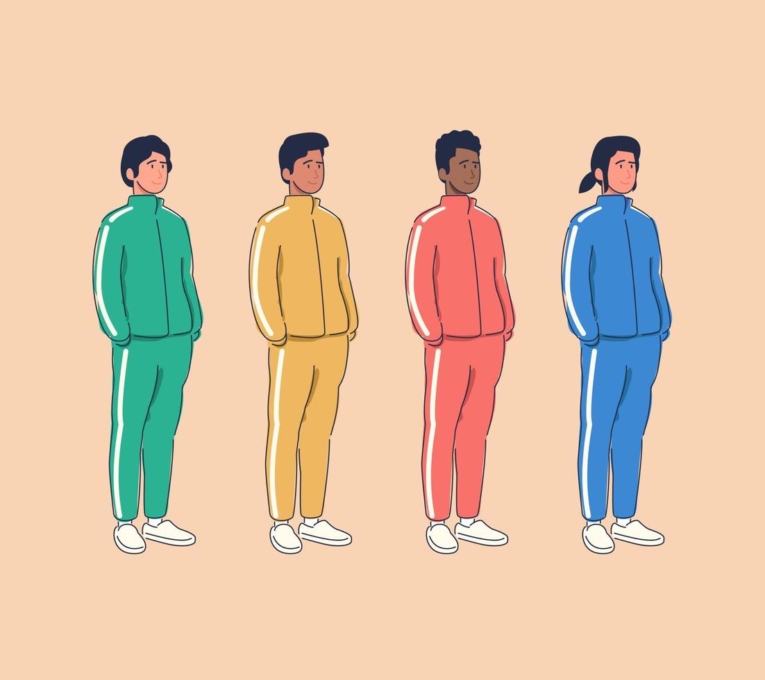 diverso grupo multirracial de hombres que usan chaquetas deportivas. conjunto de chándales verdes, amarillos, rojos y azules. ilustración vectorial de dibujos animados plana. vector