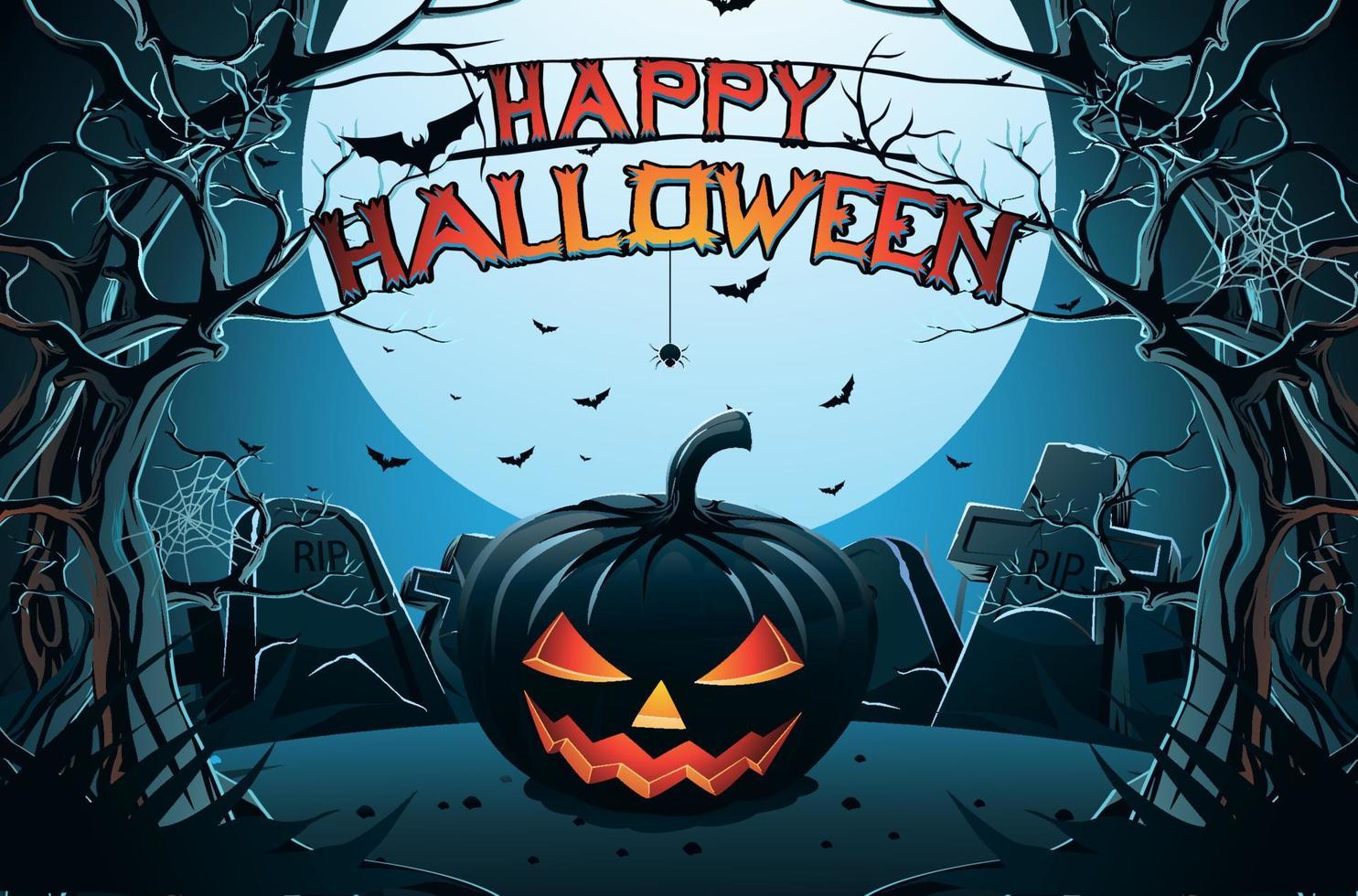 Happy Halloween banner with spooky pumpkin against moonlit sky vector