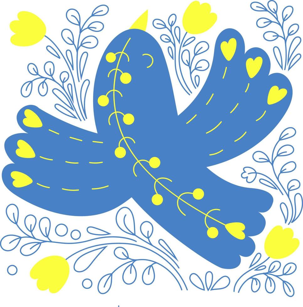 Beautiful bird with flowers. with heart on background with floral pattern.Vector illustration. Square card in Ukrainian flag colors for decor, design, print vector