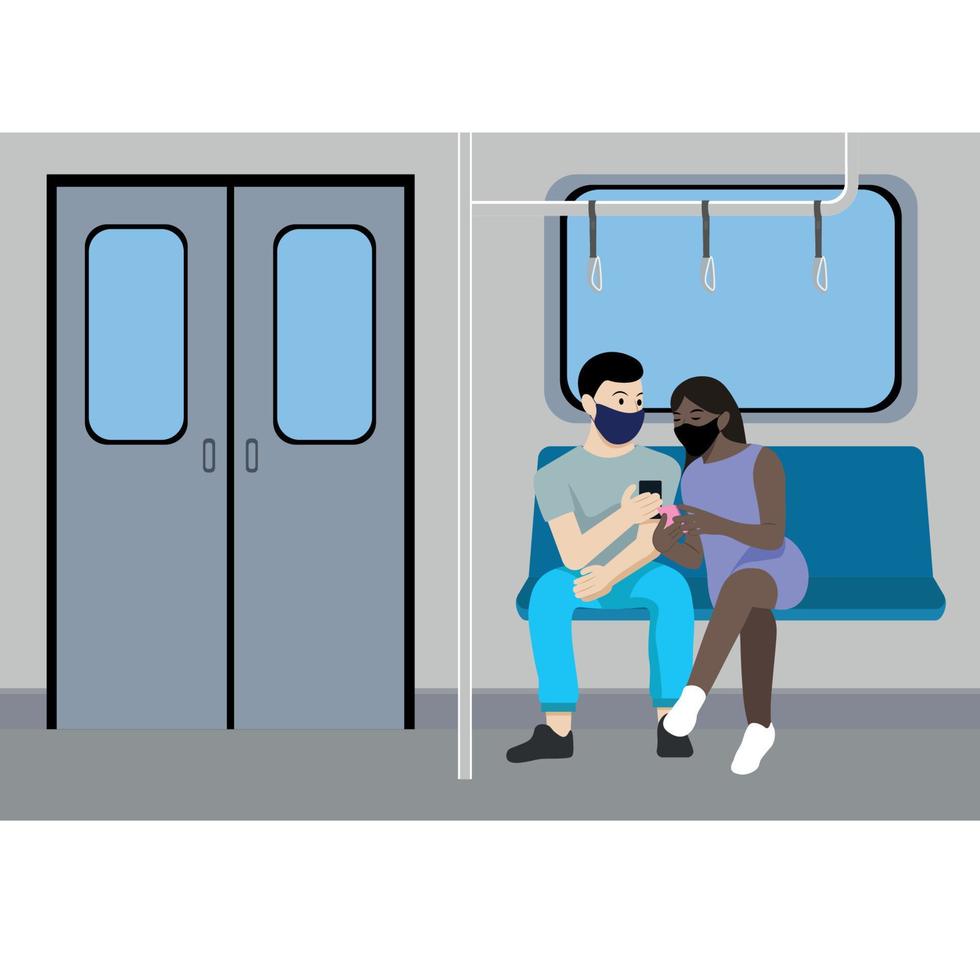 un chico y una chica enmascarados con teléfonos en las manos en el vagón del metro, vector plano, personas de diferentes nacionalidades