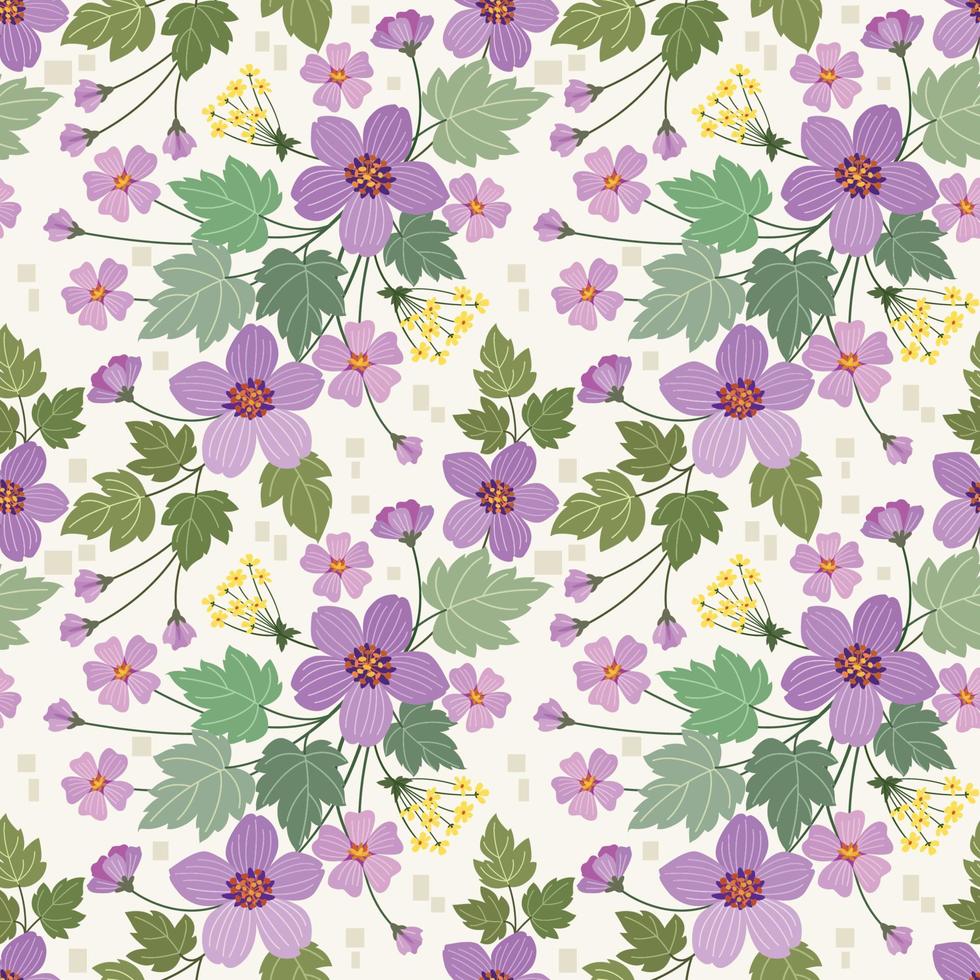Purple flowers design with green leaf on yellow background. vector