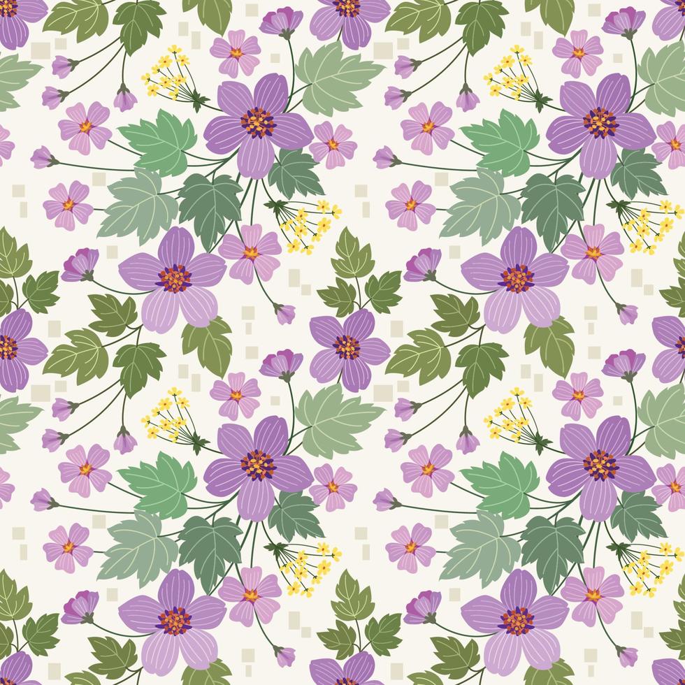 Purple flowers design with green leaf on yellow background. vector