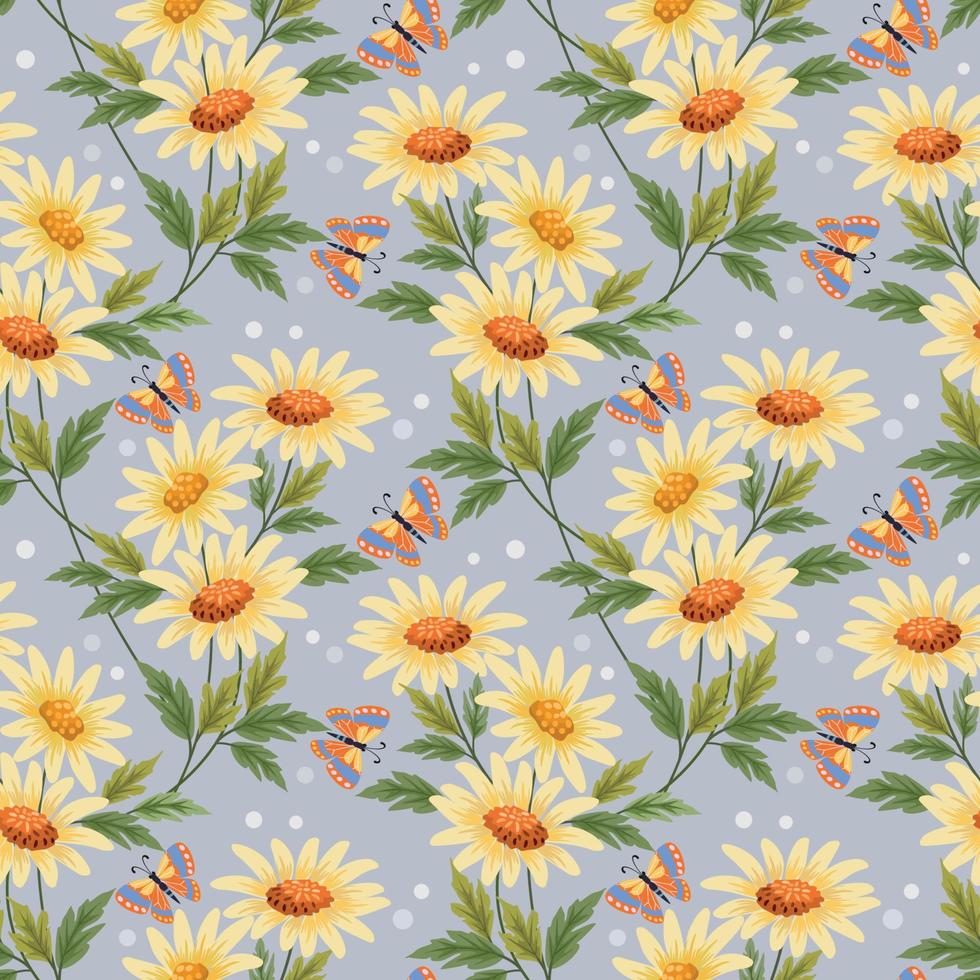 Yellow flowers and butterfly seamless pattern. vector