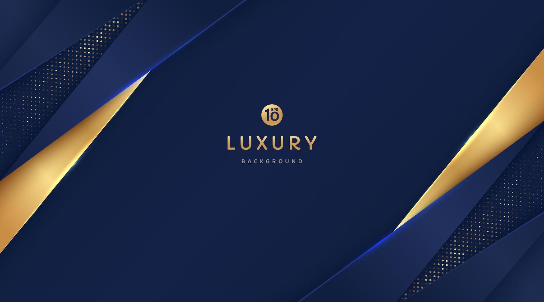 Dark navy blue and gold triangle shapes overlapped on background with glow golden striped lines and glitter. Luxury and elegant. Abstract template vector design. Design for presentation, banner.