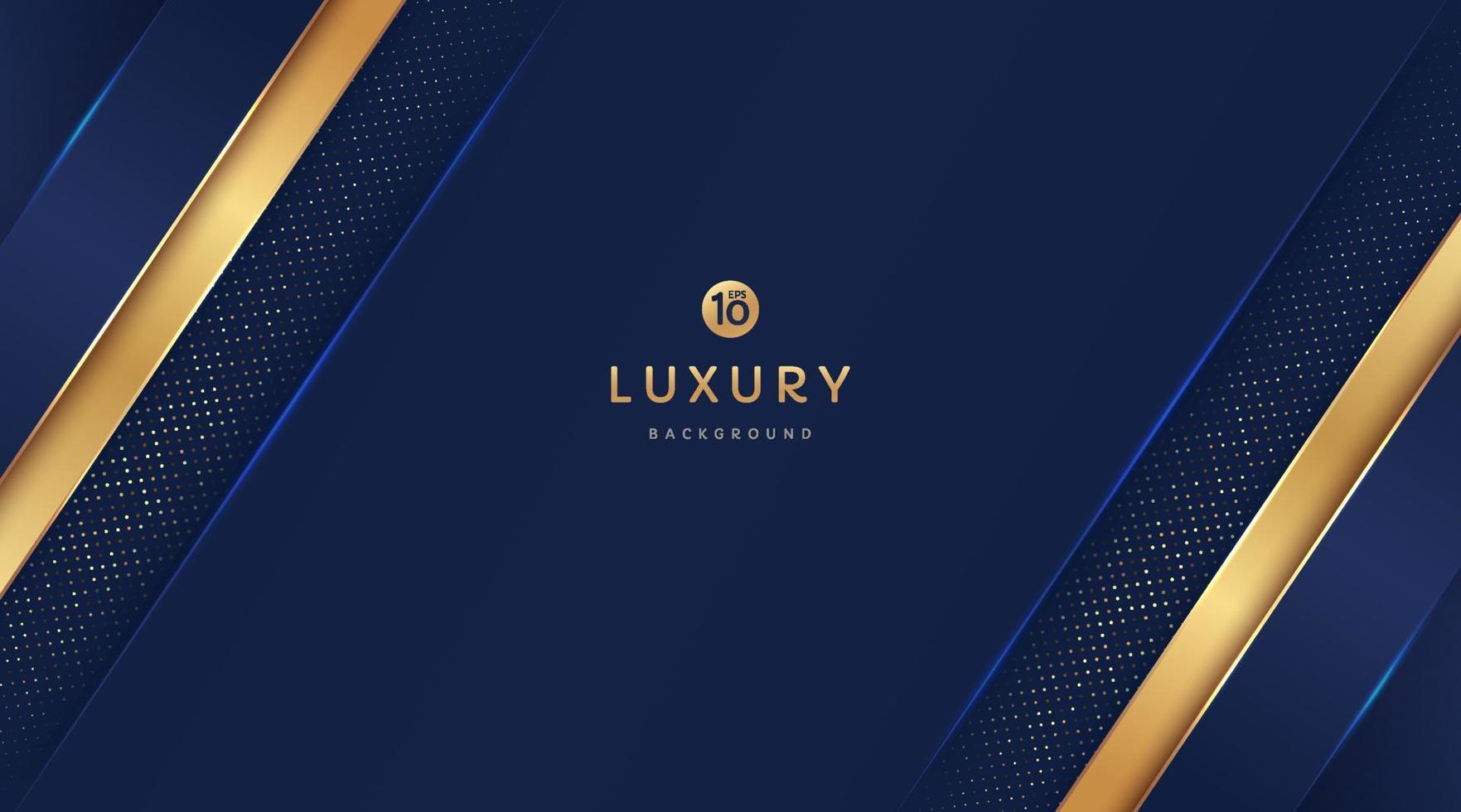 Dark navy blue and gold geometric shapes on background with glowing golden striped lines and glitter. Luxury and elegant. Abstract template design. Design for presentation, banner, cover. EPS10 vector