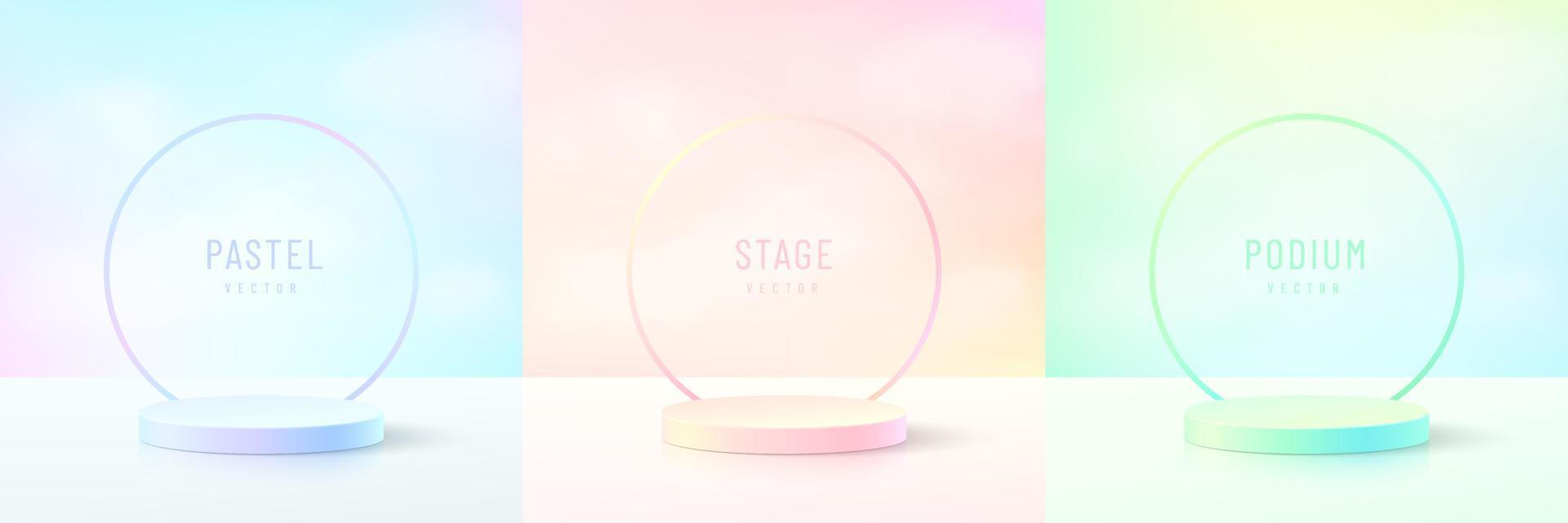 Set of abstract colorful 3D room with realistic cylinder mockup podium in green, yellow, pink and blue hologram color. Pastel minimal scene for product display. Vector geometric forms. Stage showcase.