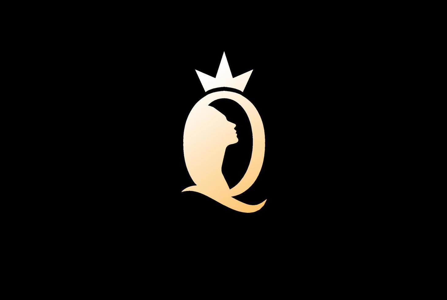 elegante lujo letra q con mujer niña dama silueta femenina corona para el diseño del logotipo de la reina vector