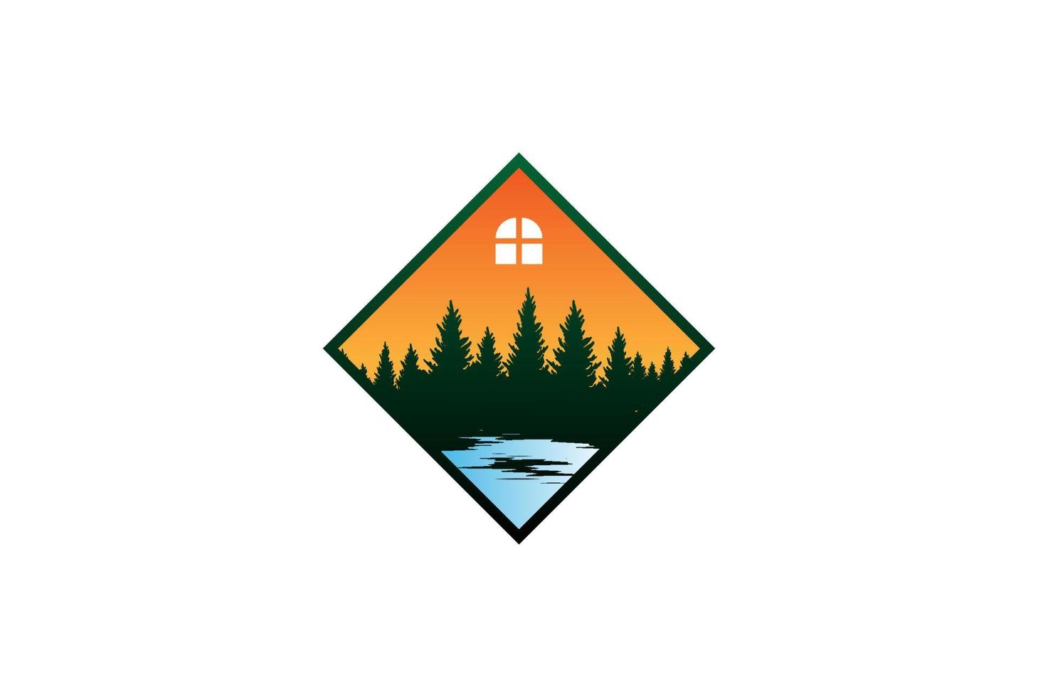 casa cuadrada con pino cedro conífera siempre verde abeto ciprés alerces bosque y arroyo de río para cabaña chalet cabaña campamento logotipo diseño vector