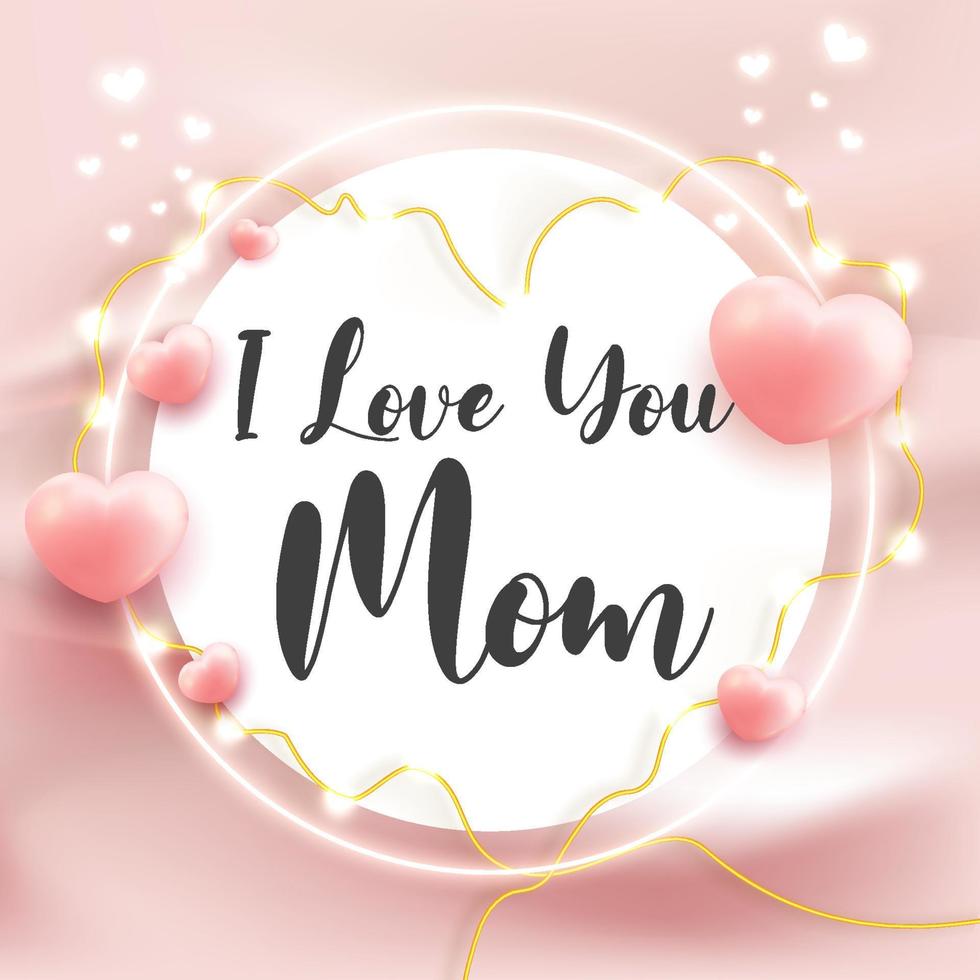 i love you mom happy mother's day greeting card template heart shape 3d render style on curtain wavy background vector