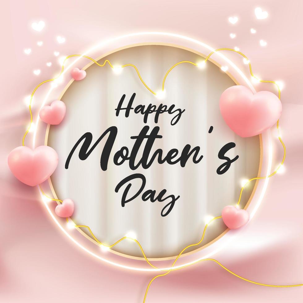 feliz día de la madre tarjeta de felicitación plantilla luz forma de corazón 3d render estilo sobre fondo ondulado de cortina vector