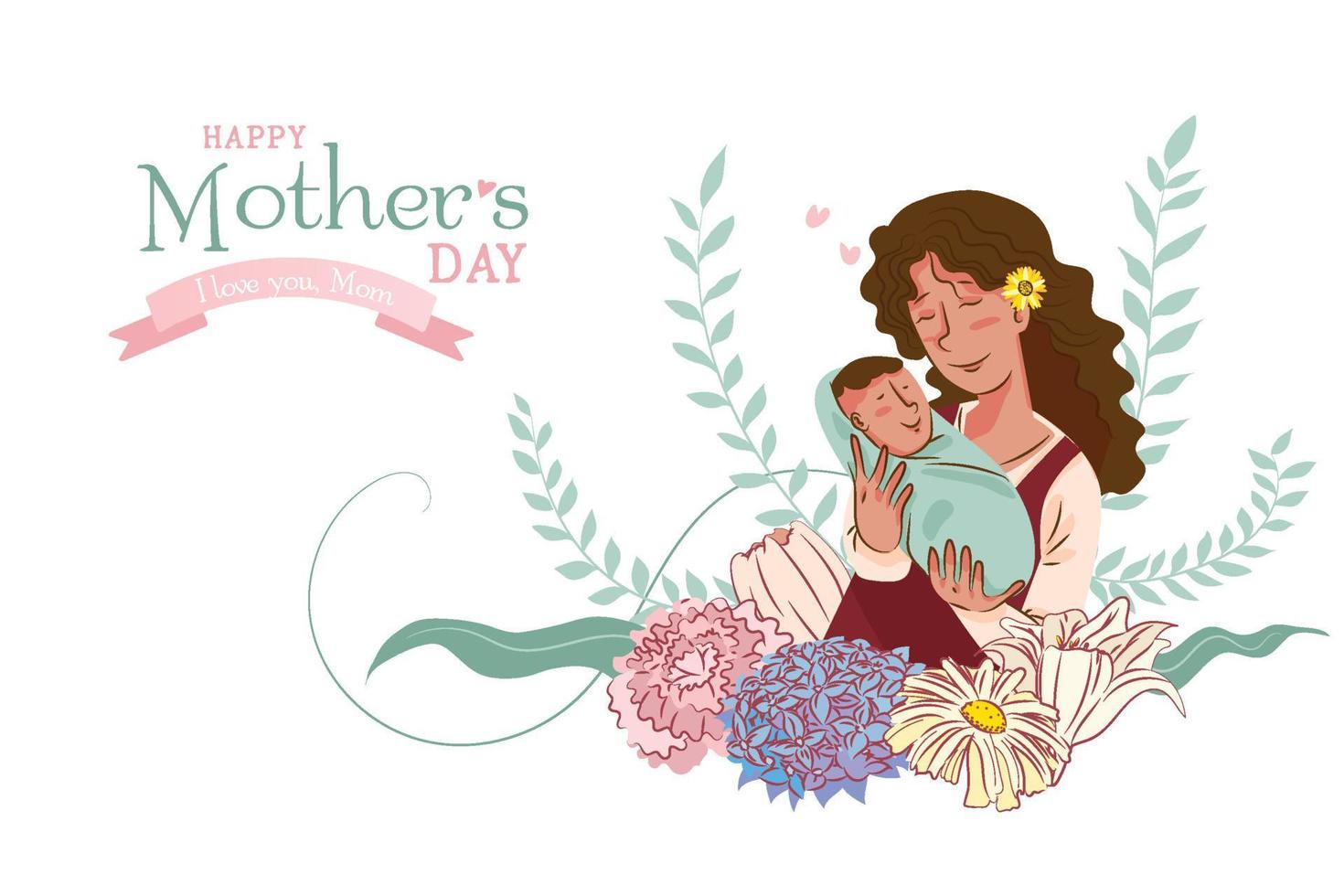 Mother and her baby in mother's day art graphic vector illustration with flowers and typography text