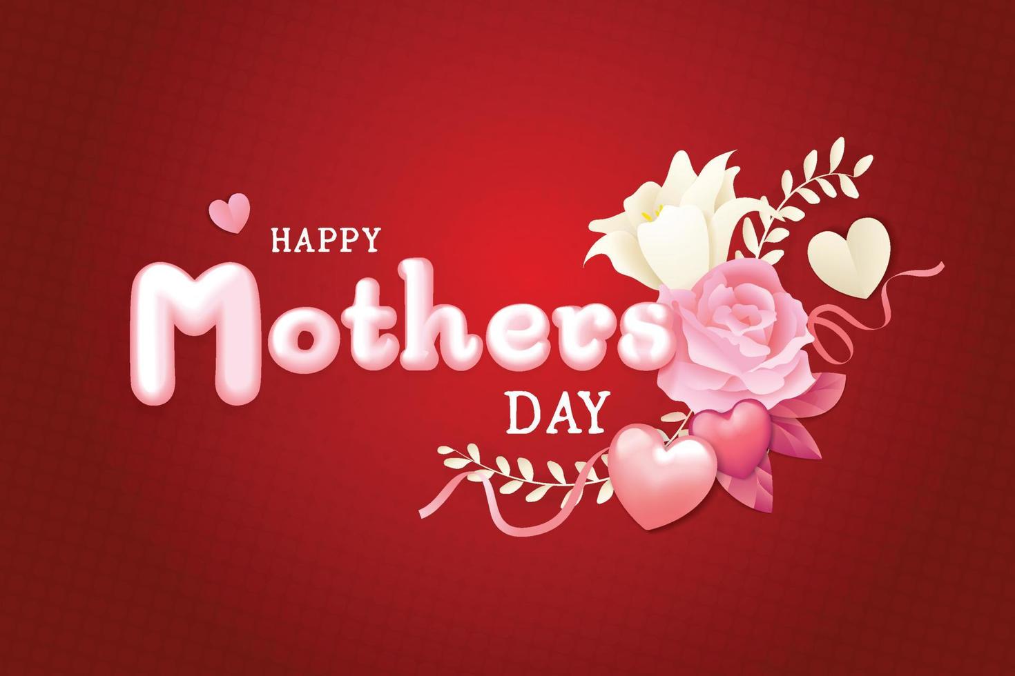 Typography Mother's day text with flowers, pink ribbon 3d minimal realistic vector graphic