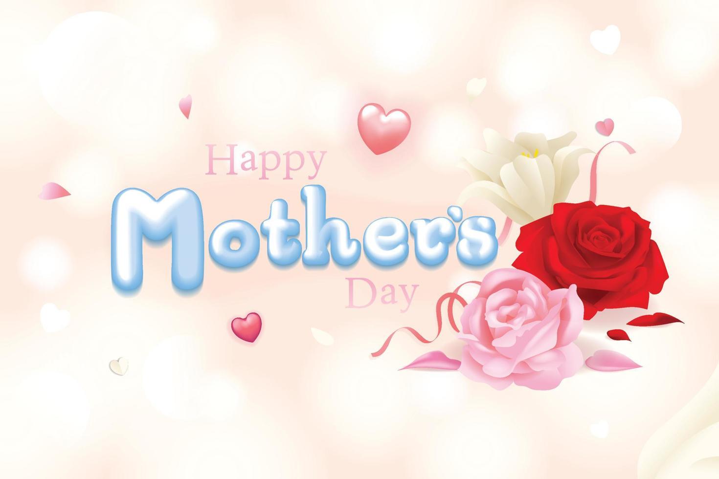 Typography Mother's day text with flowers, rose and heart decoration realistic vector graphic banner