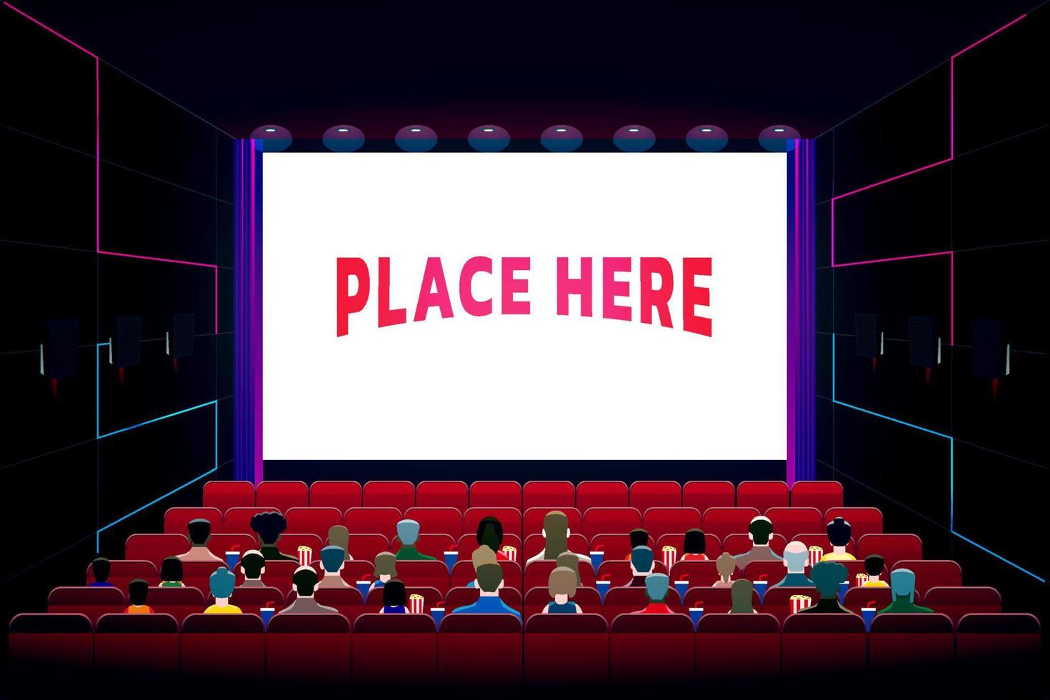 Cinema theater hall graphic vector illustration with more crowd people sitting on the chair