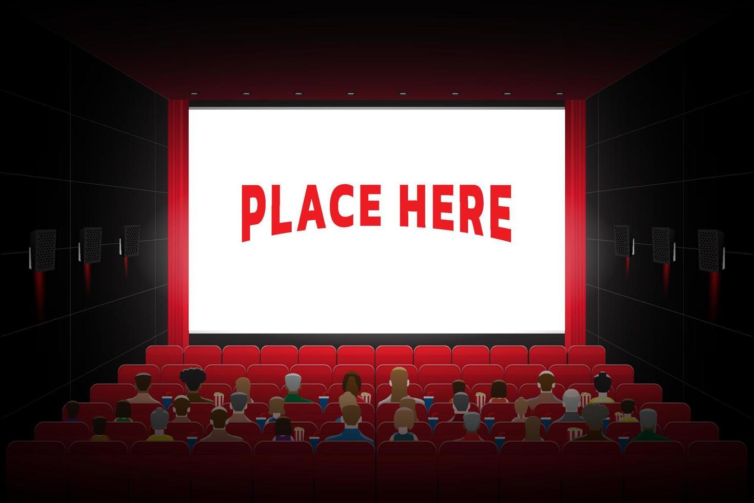 Cinema theater hall graphic vector illustration with more crowd people sitting on the chair