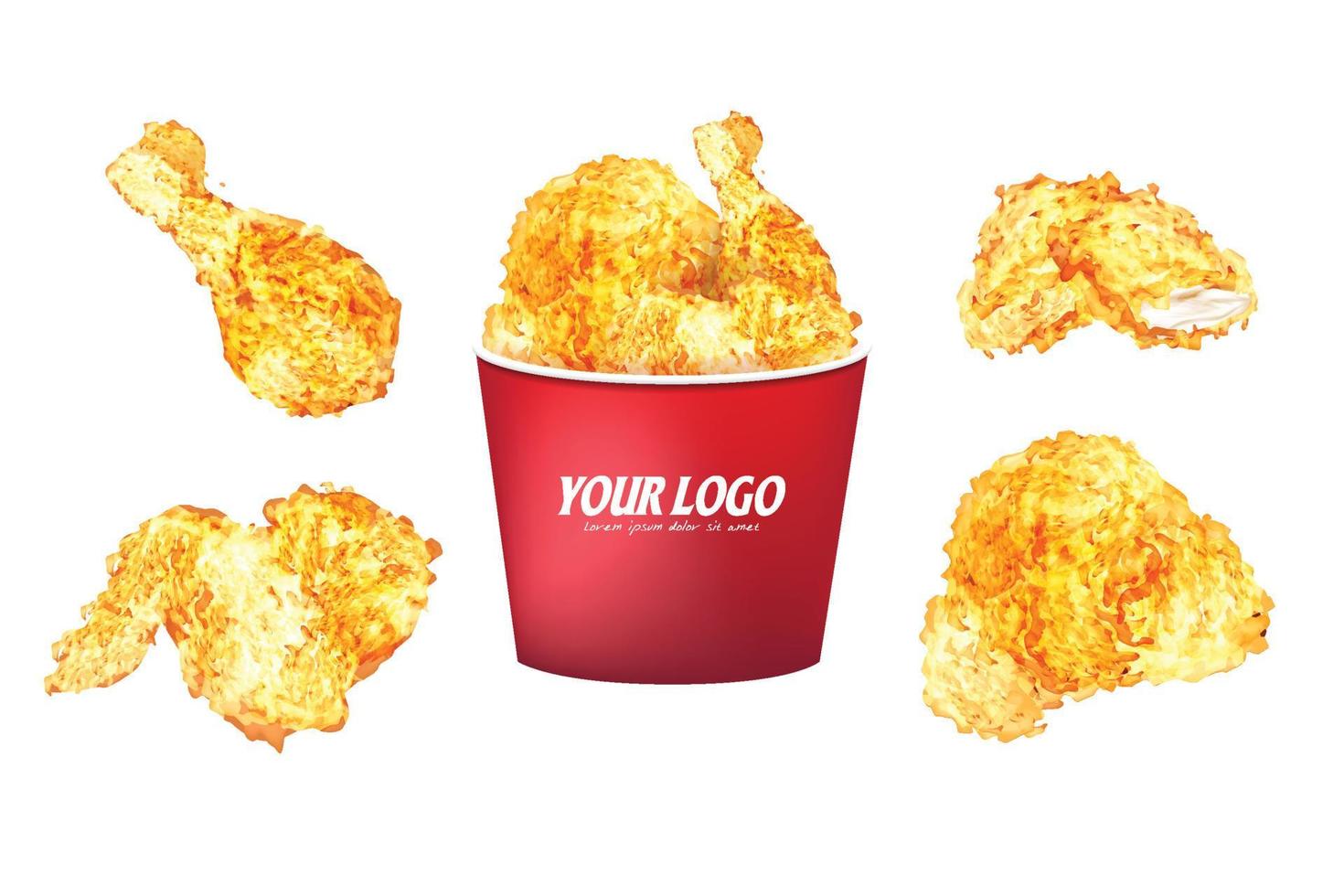 envasado de pollo frito con piezas de nuggets de pechuga de muslo de ala 3d ilustración vectorial realista vector