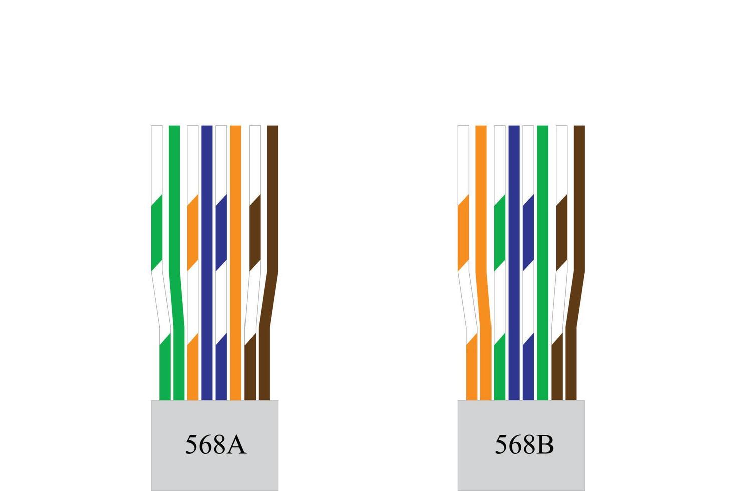 tipo de cable lan, cable directo, cable cruzado, rj45 aislado sobre fondo blanco vector