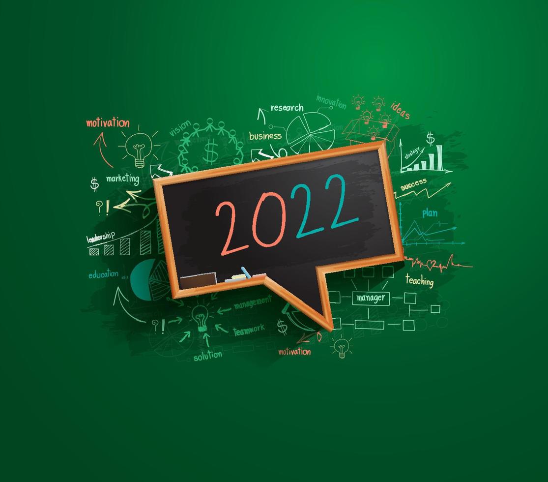 2022 new year business success strategy plan idea on speech bubbles blackboard, Creative thinking drawing charts and graphs, Vector illustration