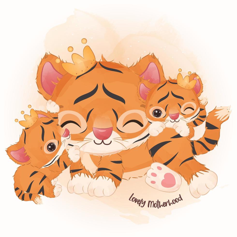 Adorable tiger mom and babies in watercolor illustration vector