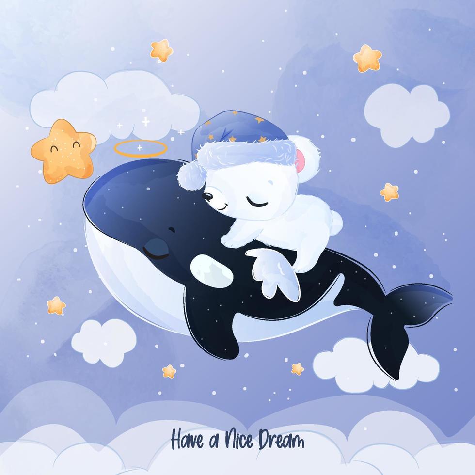 Adorable little polar bear and cute orca illustration vector