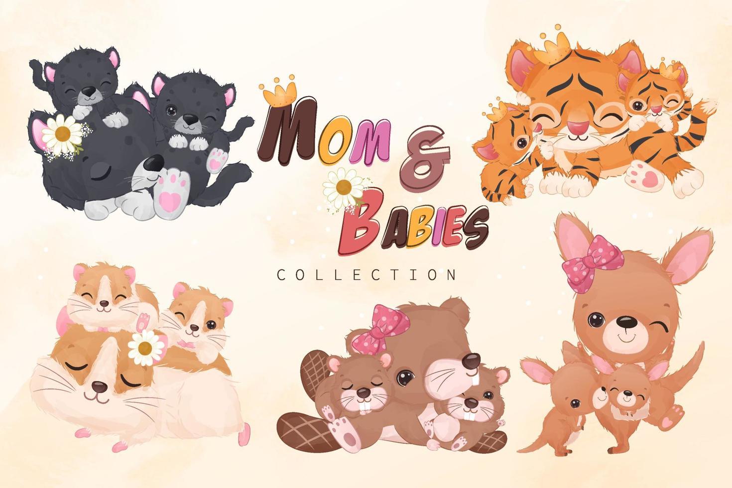 Adorable mom and baby animals collection set vector