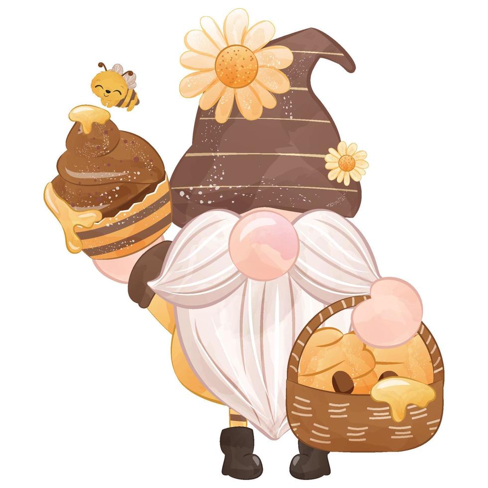 Cute Gnome And Honey Bee Illustration vector