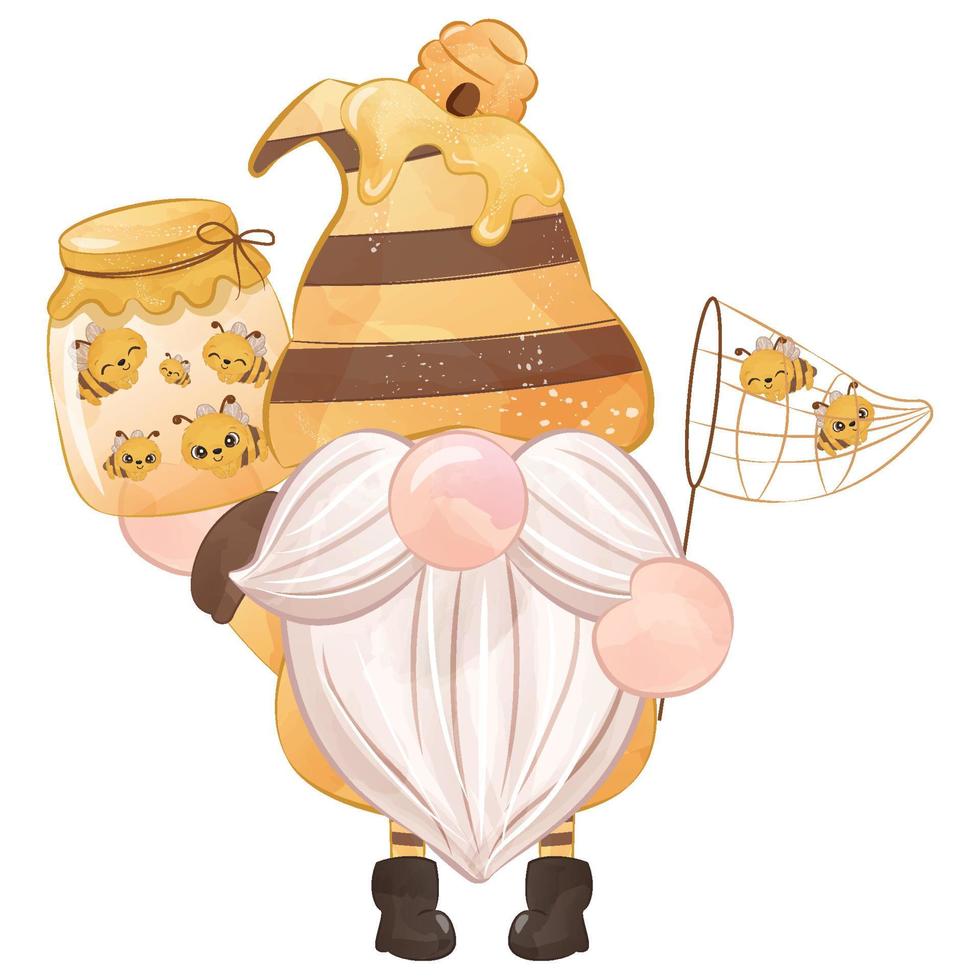 Cute Gnome And Honey Bee Illustration vector