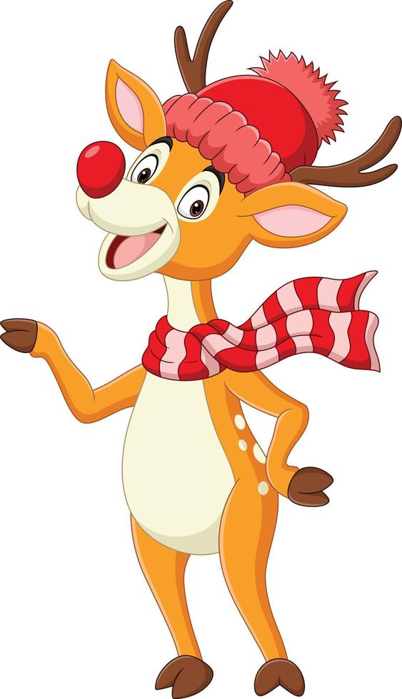 Cartoon christmas deer in a santa hat and scarf vector