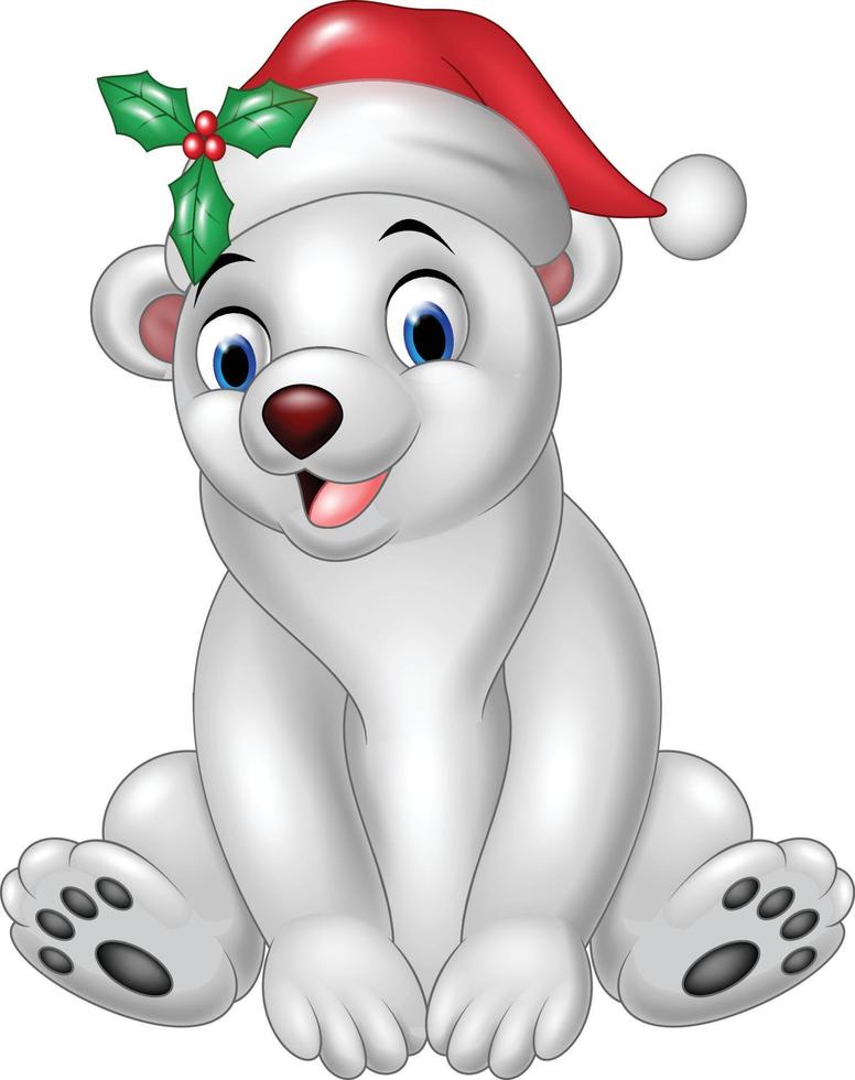 lindo oso polar con sombrero de santa sentado vector