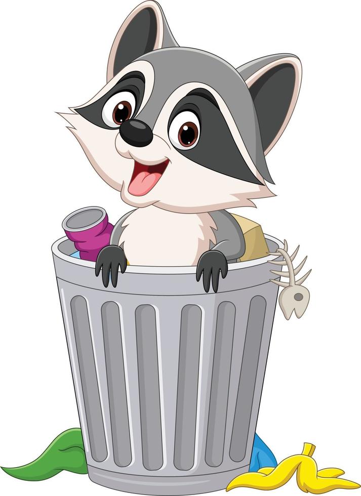 linda caricatura de mapache en un bote de basura vector