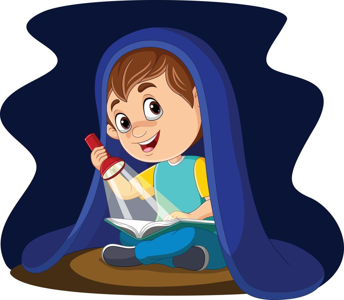 Little boy reading a book at night with flashlight under blanket vector
