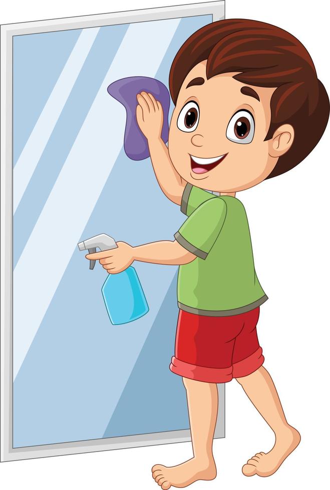 Cartoon little boy cleaning a mirror vector