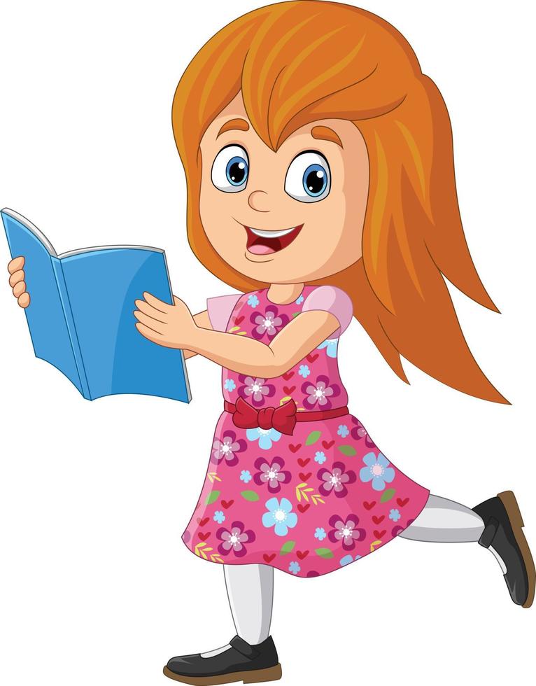 Cartoon little girl stands and reading a book vector