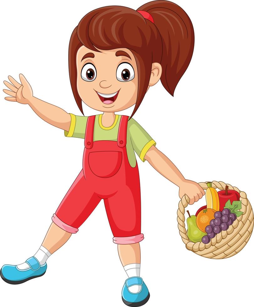 Cartoon little girl with basket of fruits waving hand vector