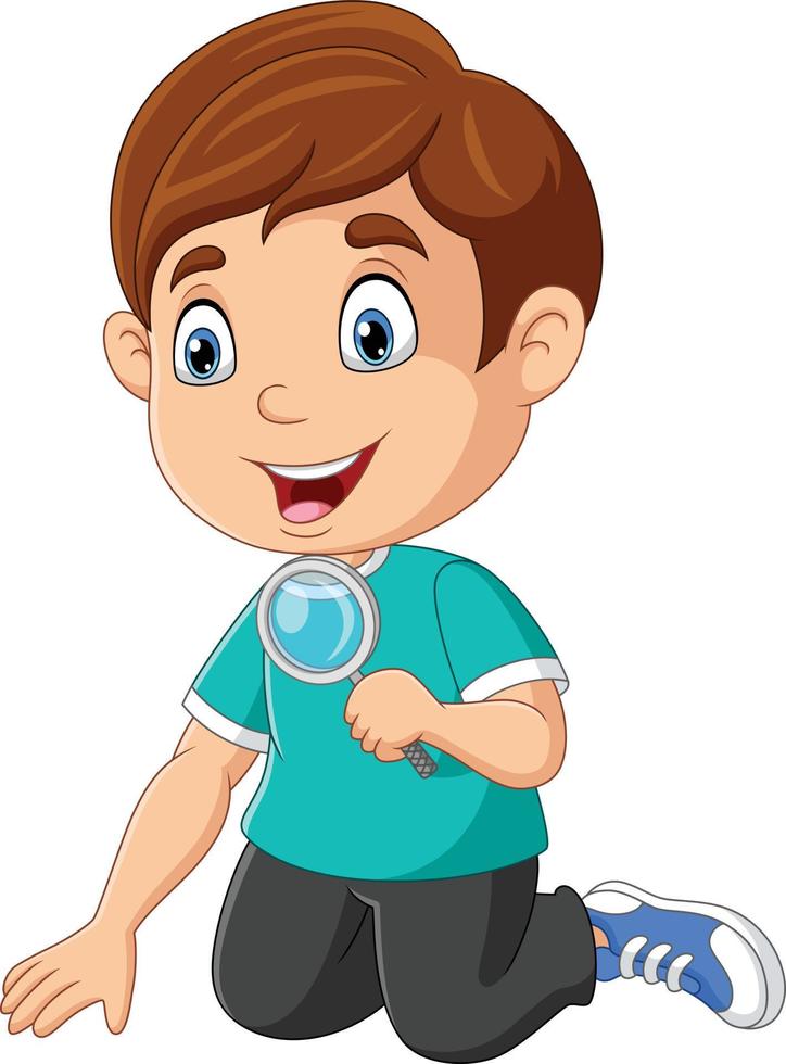 Cartoon little boy using a magnifying glass vector