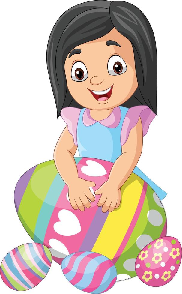 Cartoon little girl with decorated easter egg vector