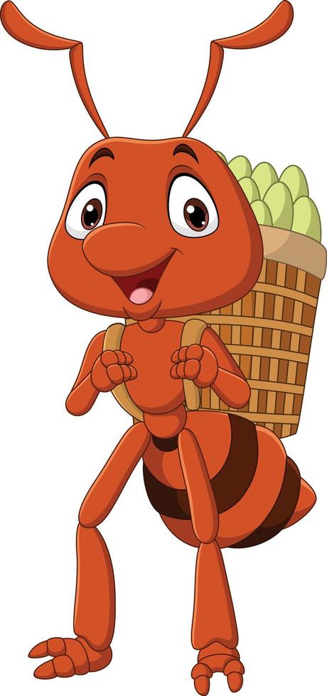 Cartoon funny ant carrying a basket of foods vector