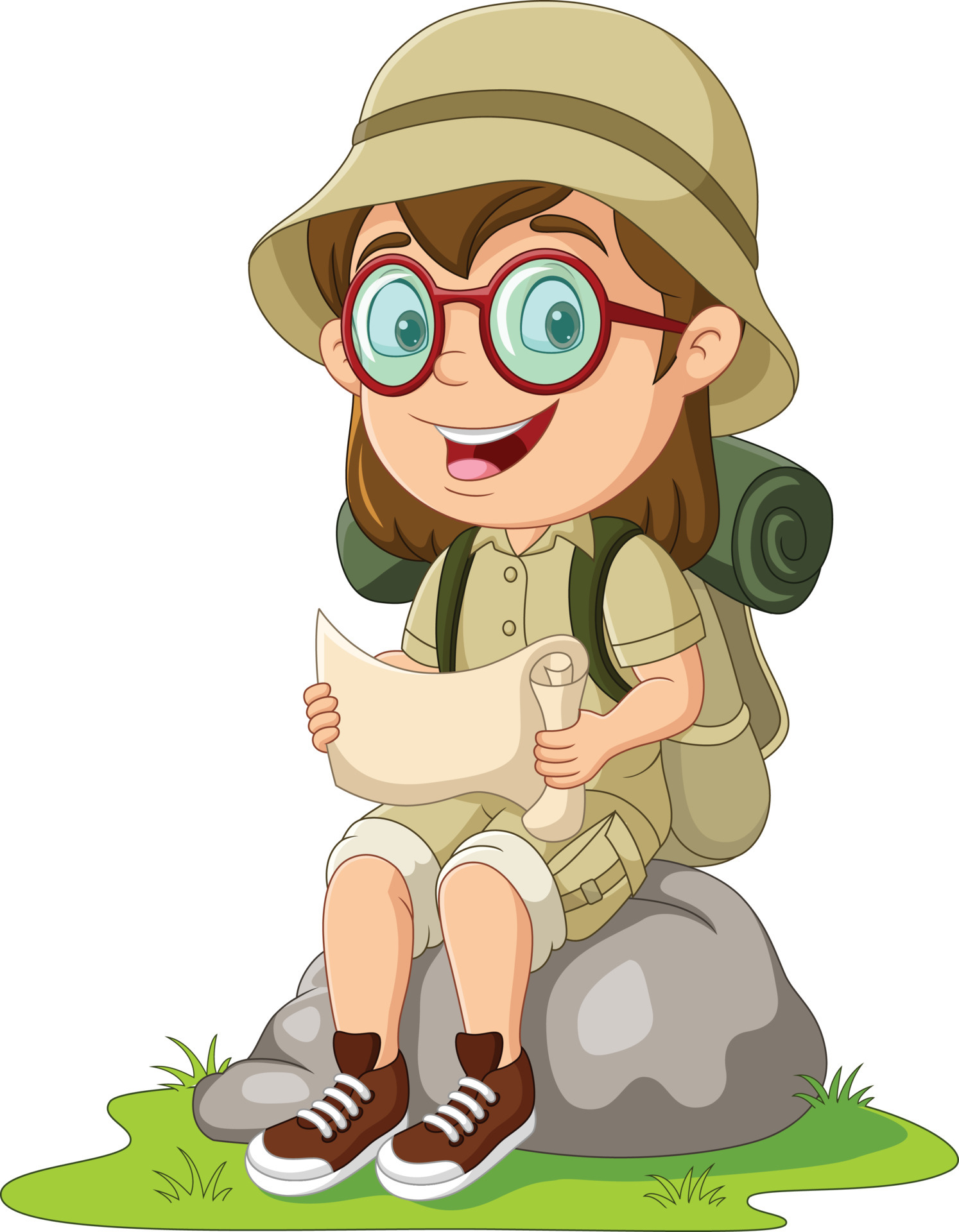 Cartoon girl scout on rock reading a map 7153049 Vector Art at Vecteezy Cartoon girl scout on rock reading a map 7153049 Vector Art at Vecteezy