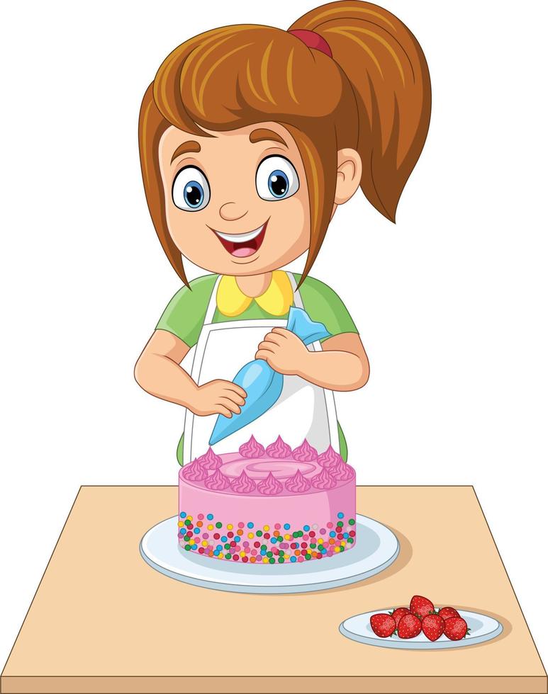 chica de dibujos animados decorando un pastel de cumpleaños vector