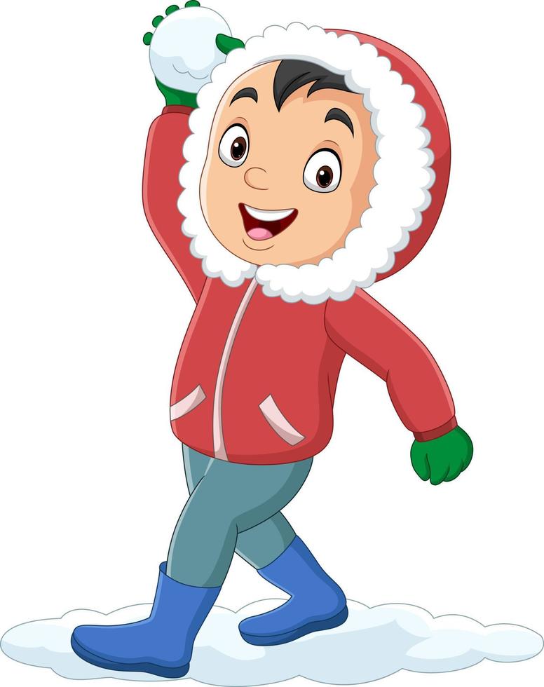 Cartoon little boy in winter clothes throwing snowballs vector