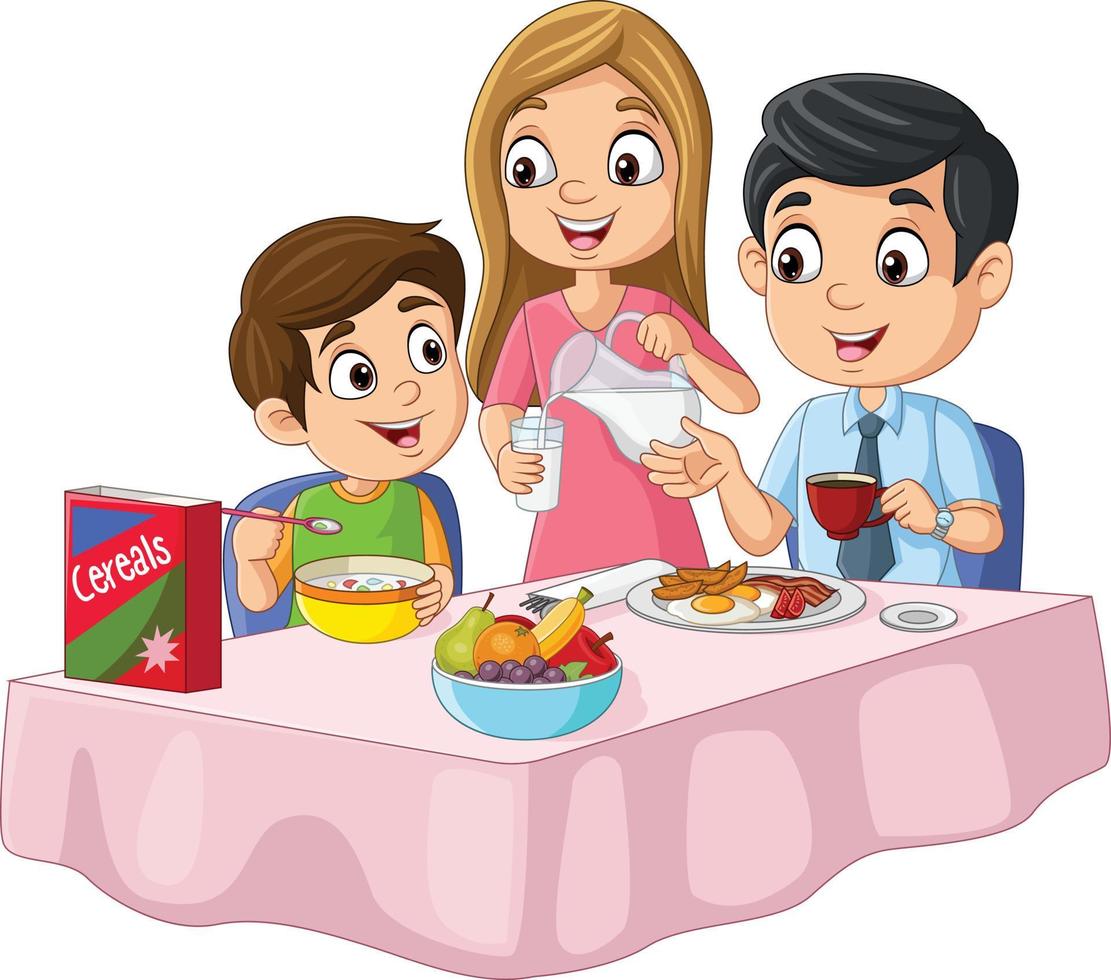 familia feliz de dibujos animados desayunando en la mesa vector