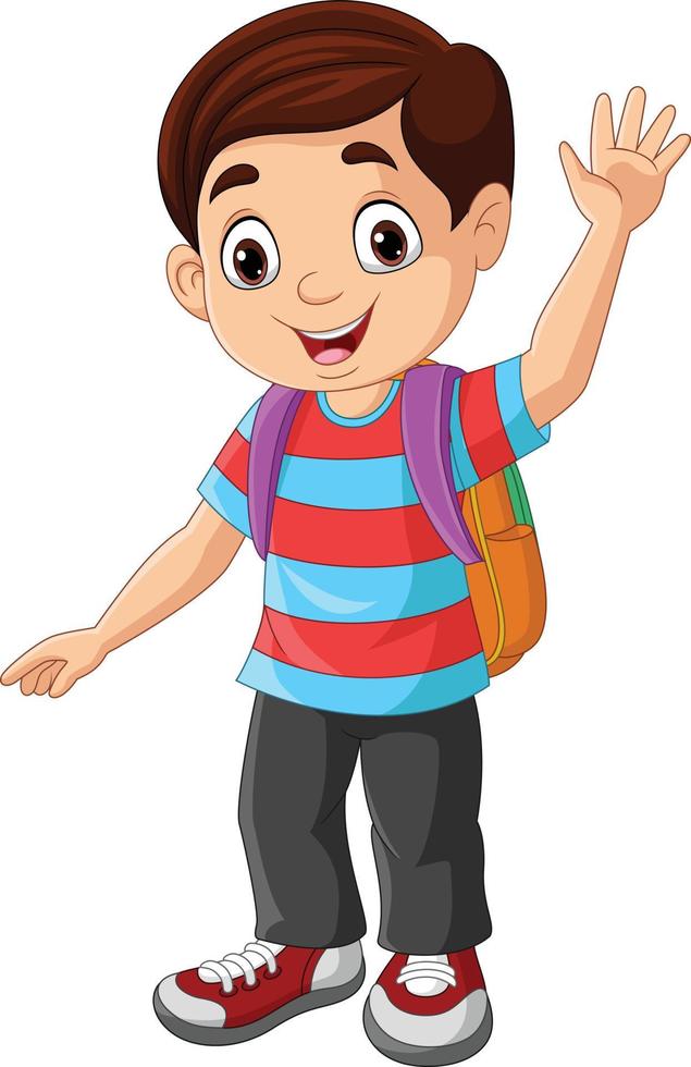 niño de escuela feliz de dibujos animados agitando la mano vector