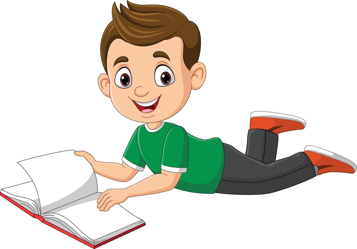 Happy little boy laying and reading a book vector