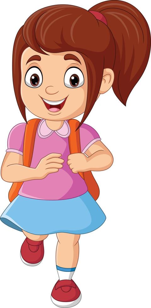 Cartoon school girl with backpack running vector